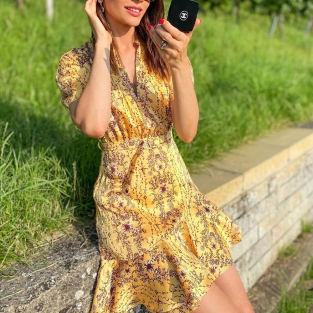 Sandro Suzette Mini Dress Yellow Floral Belted A-Line Ruffle SZ 4 US
